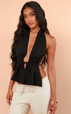 PrettyLittleThing Sleeveless Tops*Linen Look Halterneck Backless Top