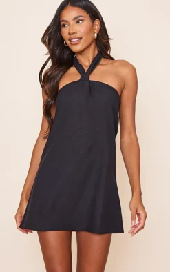 Linen Look Knot Halterneck Shift Dress-PrettyLittleThing Outlet