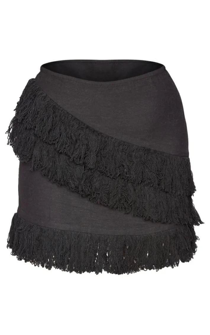 Black Linen Look Tassel Front Mini Skirt