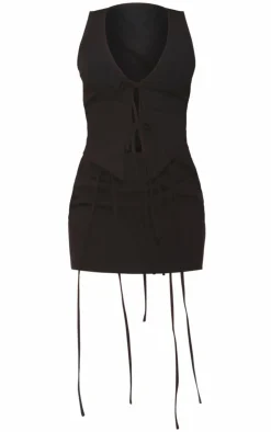 Linen Look Tie Bodycon Dress-PrettyLittleThing Online
