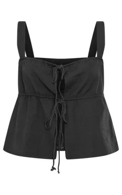 Hot PrettyLittleThing Linen Look Tie Front Longline Top Black