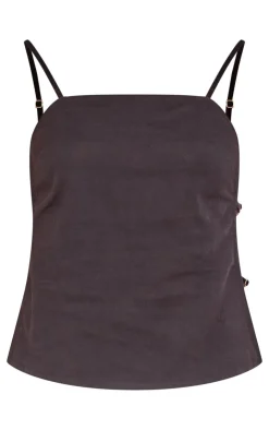 Discount PrettyLittleThing Linen Look Velvet Strap Detail Cami Top Black