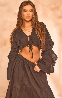 PrettyLittleThing Shirts*Linen Ruffle Front Tie Cropped Shirt