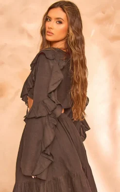 PrettyLittleThing Shirts*Linen Ruffle Front Tie Cropped Shirt