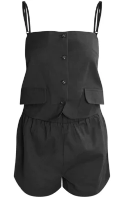 Black Linen Strappy Button Down Romper