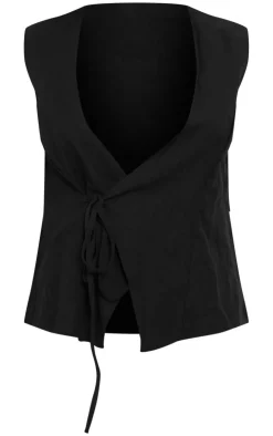 PrettyLittleThing Wrap Tops*Linen Wrap Tie Front Waist Coat
