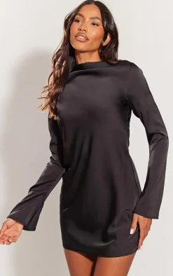 Long Flare Sleeve Satin Strappy Back Shift Dress-PrettyLittleThing Clearance