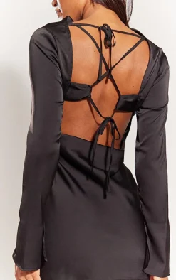 Long Flare Sleeve Satin Strappy Back Shift Dress-PrettyLittleThing Clearance