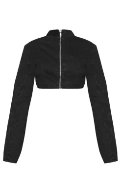 Outlet PrettyLittleThing Long Flared Sleeve Denim Crop Top Black