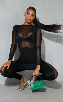 Long Sleeve Mesh Panelled Jumpsuit-PrettyLittleThing New