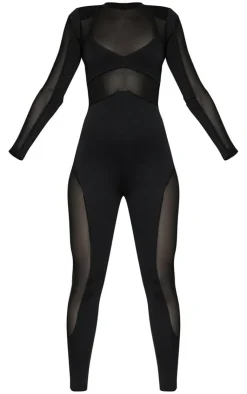 Long Sleeve Mesh Panelled Jumpsuit-PrettyLittleThing New