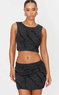 Discount PrettyLittleThing Lurex Knitted Contrast Detail Crop Top Black