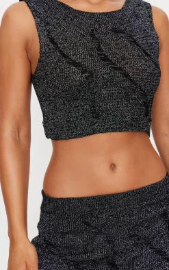 Discount PrettyLittleThing Lurex Knitted Contrast Detail Crop Top Black