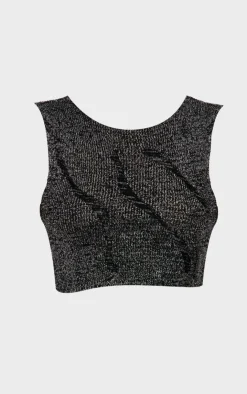 Discount PrettyLittleThing Lurex Knitted Contrast Detail Crop Top Black