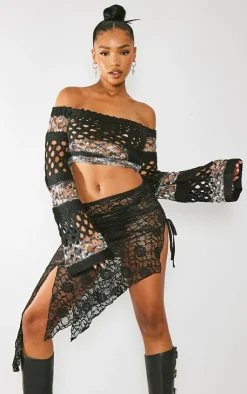 PrettyLittleThing Knitted Tops*Marl Knit Open Crochet Long Sleeve Crop Top