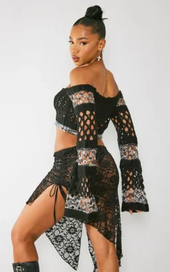 PrettyLittleThing Knitted Tops*Marl Knit Open Crochet Long Sleeve Crop Top