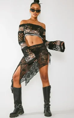 PrettyLittleThing Knitted Tops*Marl Knit Open Crochet Long Sleeve Crop Top