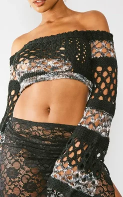 PrettyLittleThing Knitted Tops*Marl Knit Open Crochet Long Sleeve Crop Top