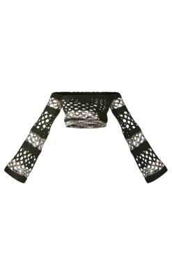 PrettyLittleThing Knitted Tops*Marl Knit Open Crochet Long Sleeve Crop Top