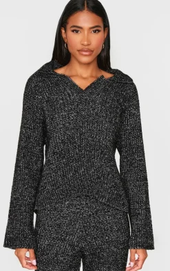 Sale PrettyLittleThing Marl Knit V Neck Oversized Sweater Black