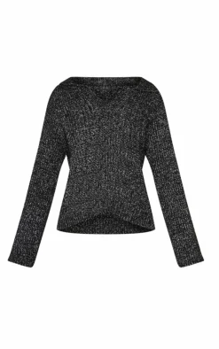 Sale PrettyLittleThing Marl Knit V Neck Oversized Sweater Black