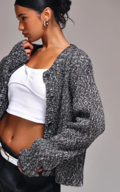 PrettyLittleThing Cardigans*Marl Textured Bobble Knit Button Up Pocket Detail Cardigan