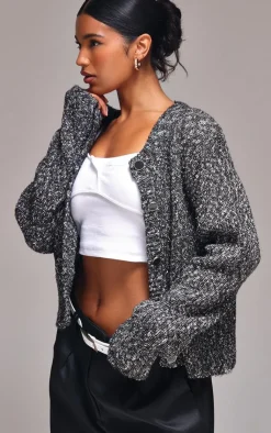 PrettyLittleThing Cardigans*Marl Textured Bobble Knit Button Up Pocket Detail Cardigan