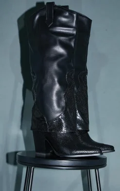 PrettyLittleThing Knee High Boots*Matte PU Snake Western Fold Knee Boots