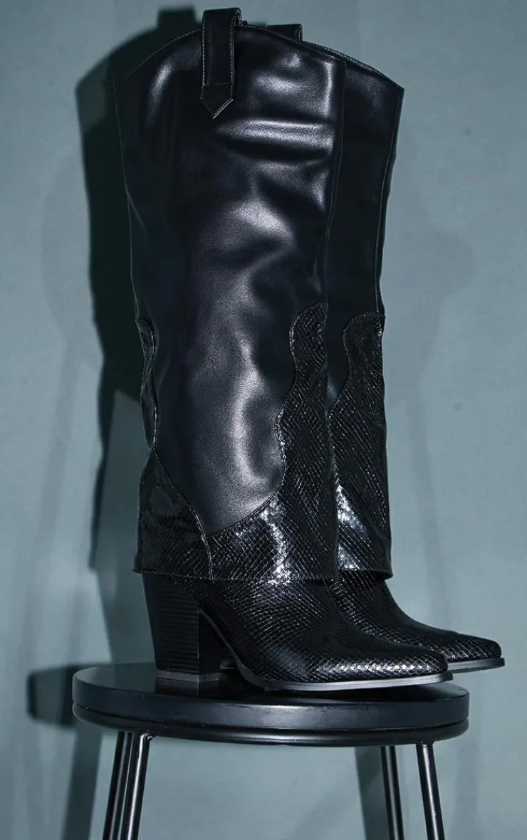 PrettyLittleThing Knee High Boots*Matte PU Snake Western Fold Knee Boots