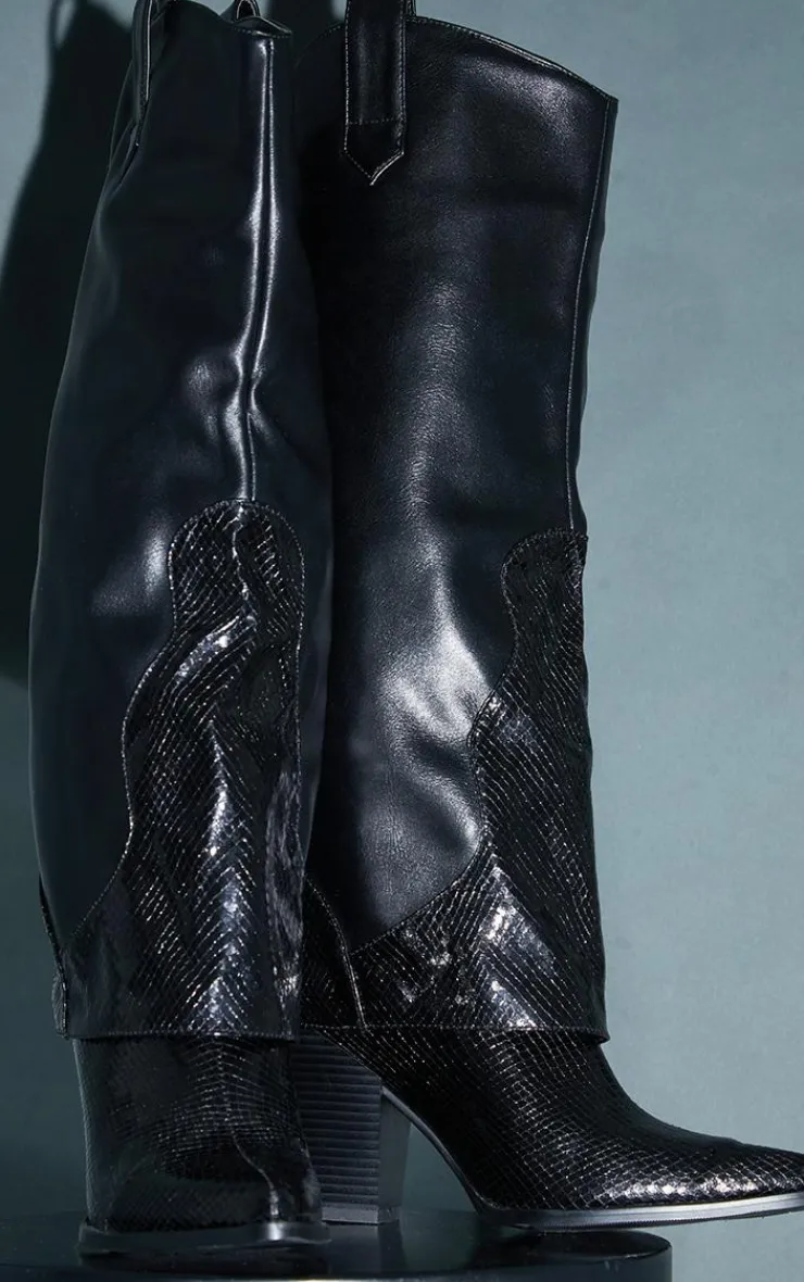 PrettyLittleThing Knee High Boots*Matte PU Snake Western Fold Knee Boots