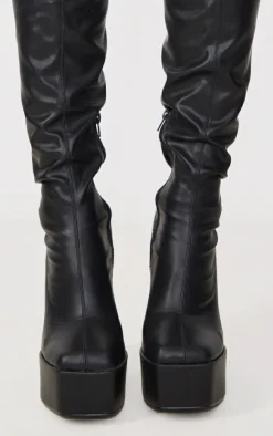PrettyLittleThing High Heels*Matte Pu Square Toe Platform High Block Heeled Knee Boots