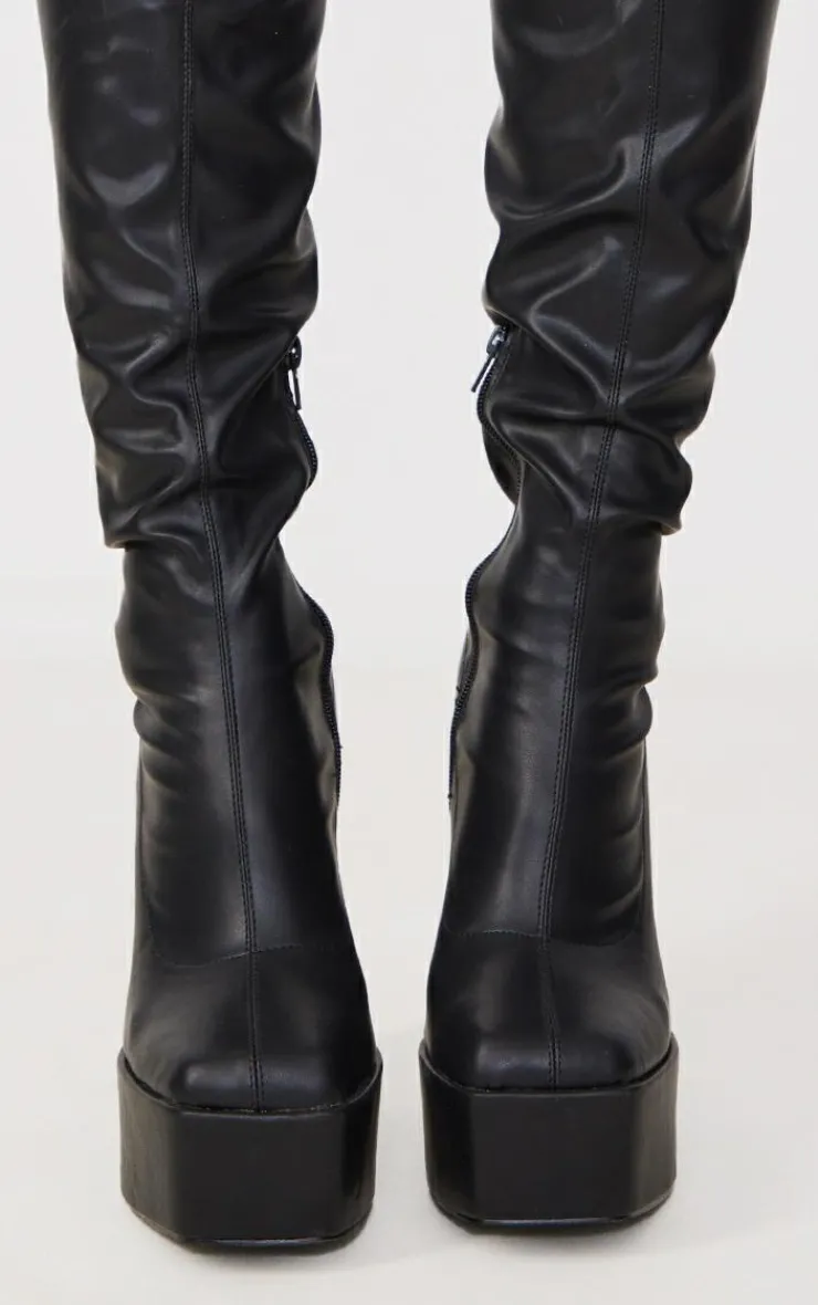 PrettyLittleThing High Heels*Matte Pu Square Toe Platform High Block Heeled Knee Boots