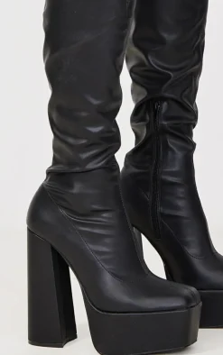 PrettyLittleThing High Heels*Matte Pu Square Toe Platform High Block Heeled Knee Boots