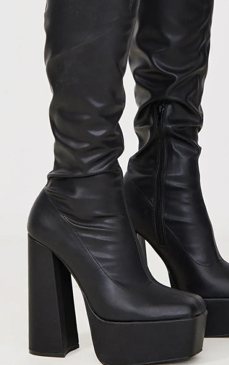 PrettyLittleThing High Heels*Matte Pu Square Toe Platform High Block Heeled Knee Boots
