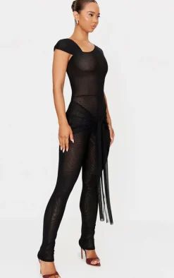 Black Mesh Asymmetric Cap Sleeve Jumpsuit