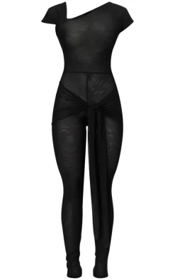 Black Mesh Asymmetric Cap Sleeve Jumpsuit