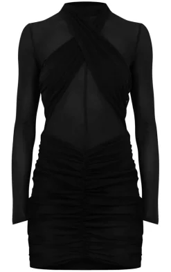 Mesh Bodysuit Cross Front Ruched Bodycon Dress-PrettyLittleThing Sale