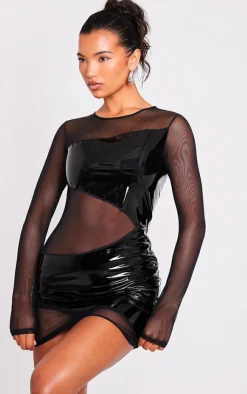 Mesh Contrast Vinyl Panel Bodycon Dress-PrettyLittleThing Hot