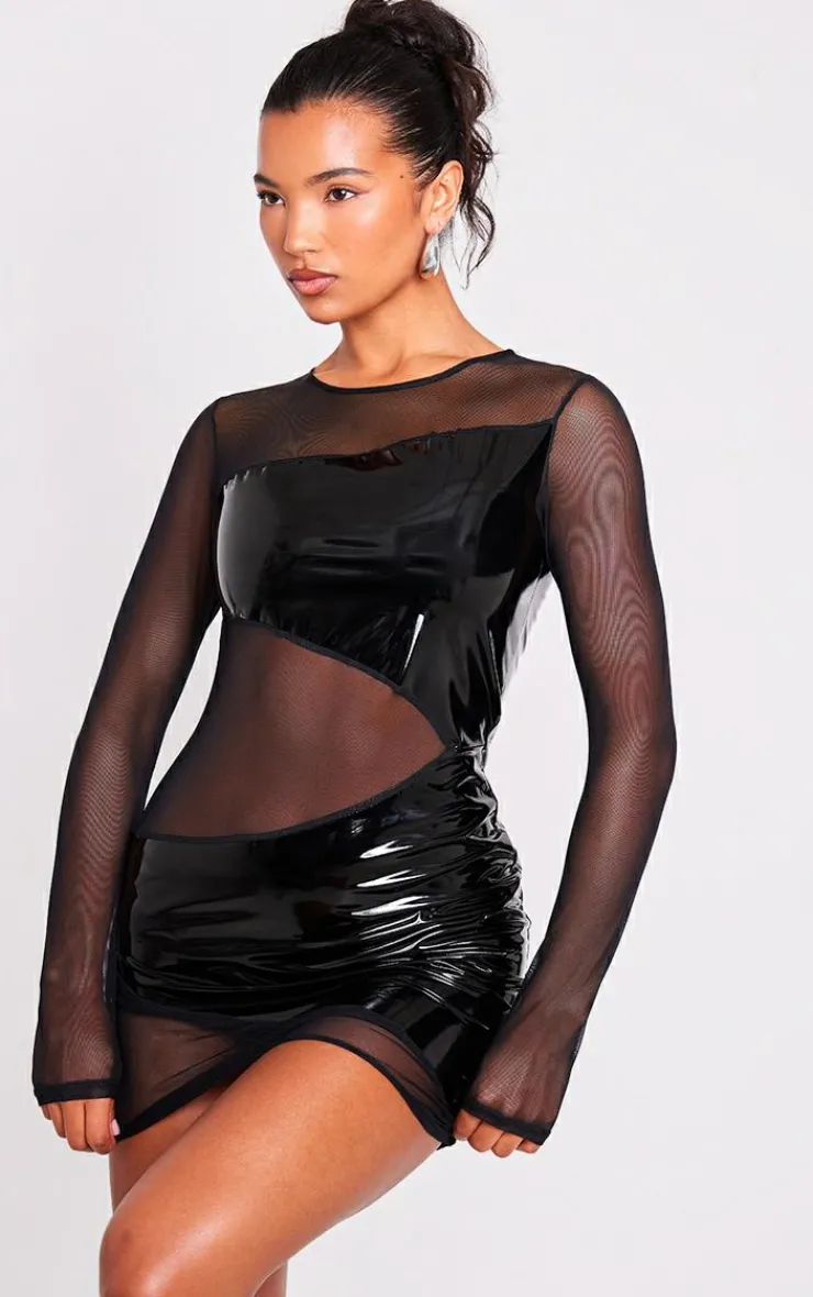 Mesh Contrast Vinyl Panel Bodycon Dress-PrettyLittleThing Hot
