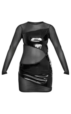Mesh Contrast Vinyl Panel Bodycon Dress-PrettyLittleThing Hot
