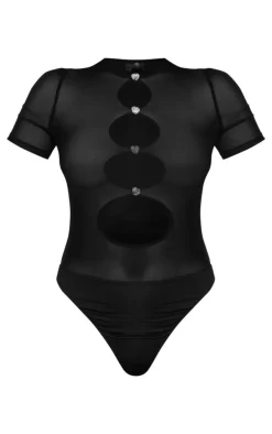 Black Mesh Cut Out Diamante Bodysuit