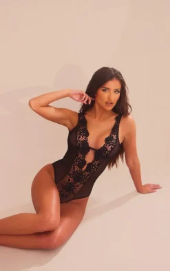 Black Mesh Deep Plunge Crochet Lace Bodysuit