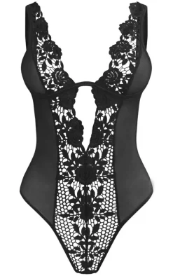 Black Mesh Deep Plunge Crochet Lace Bodysuit