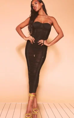 Sale PrettyLittleThing Mesh Extreme Ruched Midaxi Skirt Black