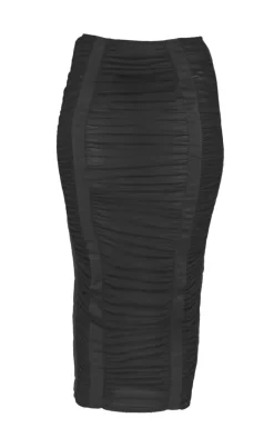 Sale PrettyLittleThing Mesh Extreme Ruched Midaxi Skirt Black