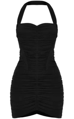 Mesh Extreme Ruched Corset Halter Bodycon Dress-PrettyLittleThing