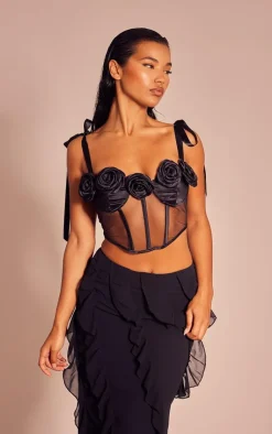 PrettyLittleThing Corsets*Mesh Floral Applique Bow Strap Boned Corset