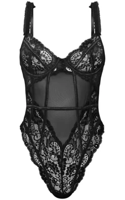 Black Mesh Frill Detail Panelling Lace Bodysuit