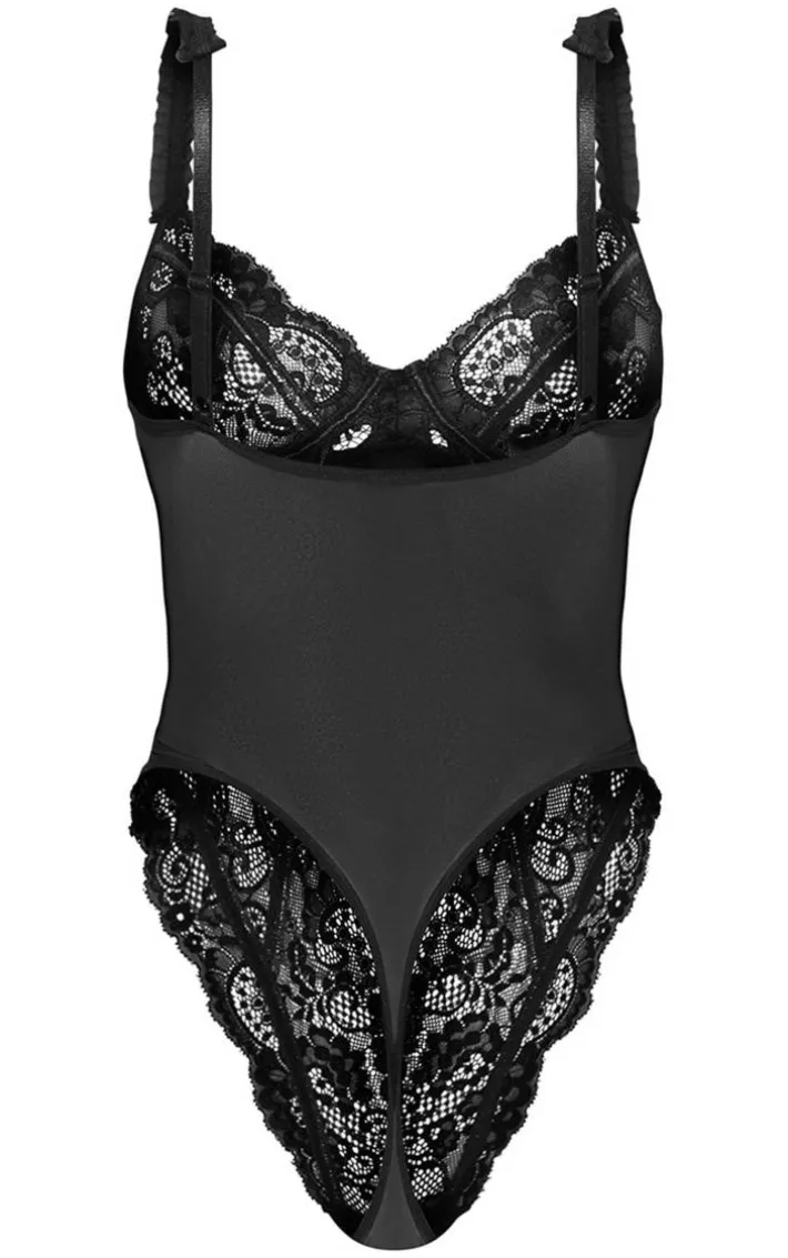 Black Mesh Frill Detail Panelling Lace Bodysuit