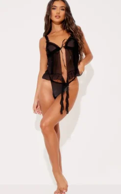 Black Mesh Frill Tie Front Lingerie Set